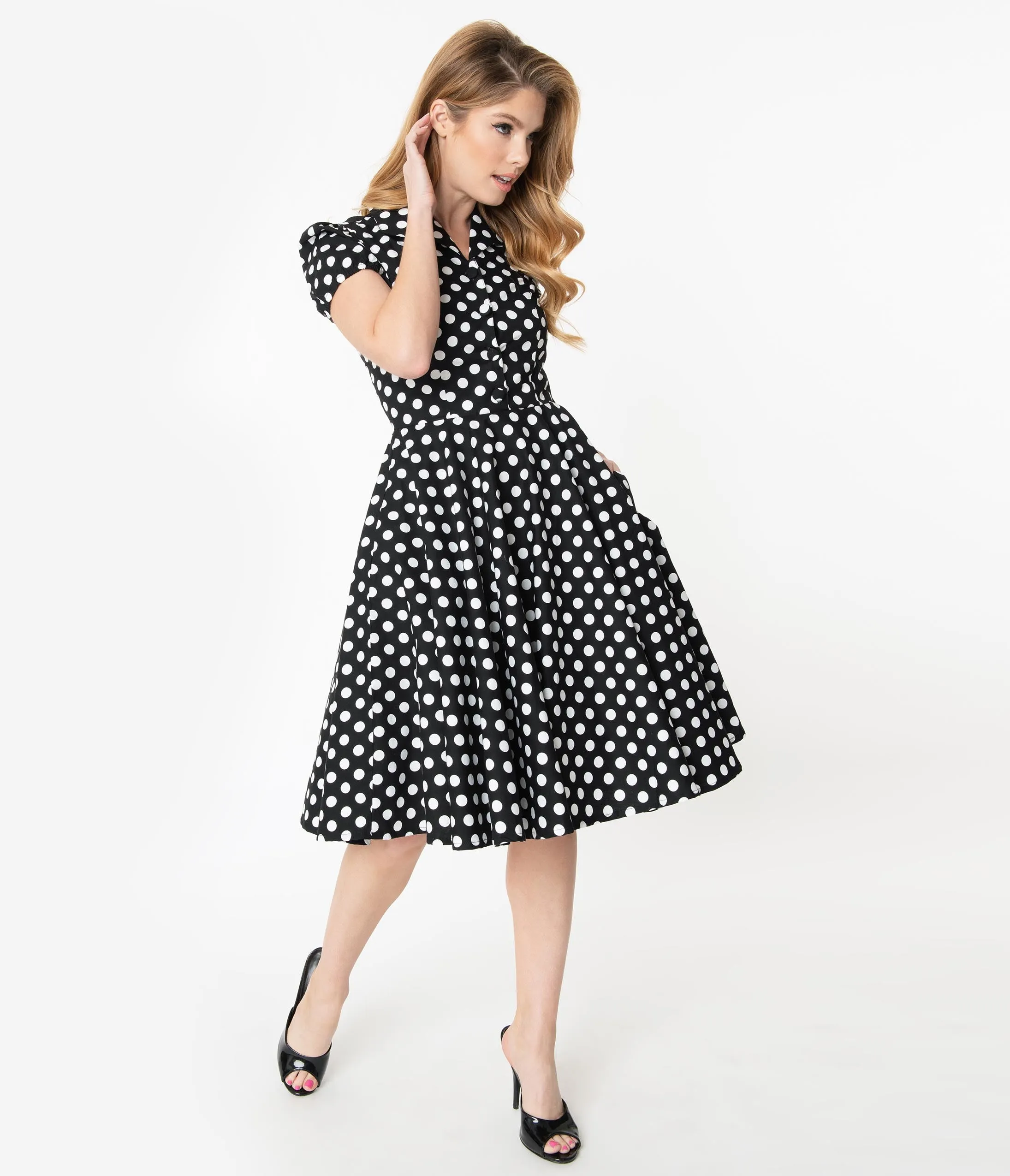 1950s Style Black & White Polka Dot Mona Swing Dress