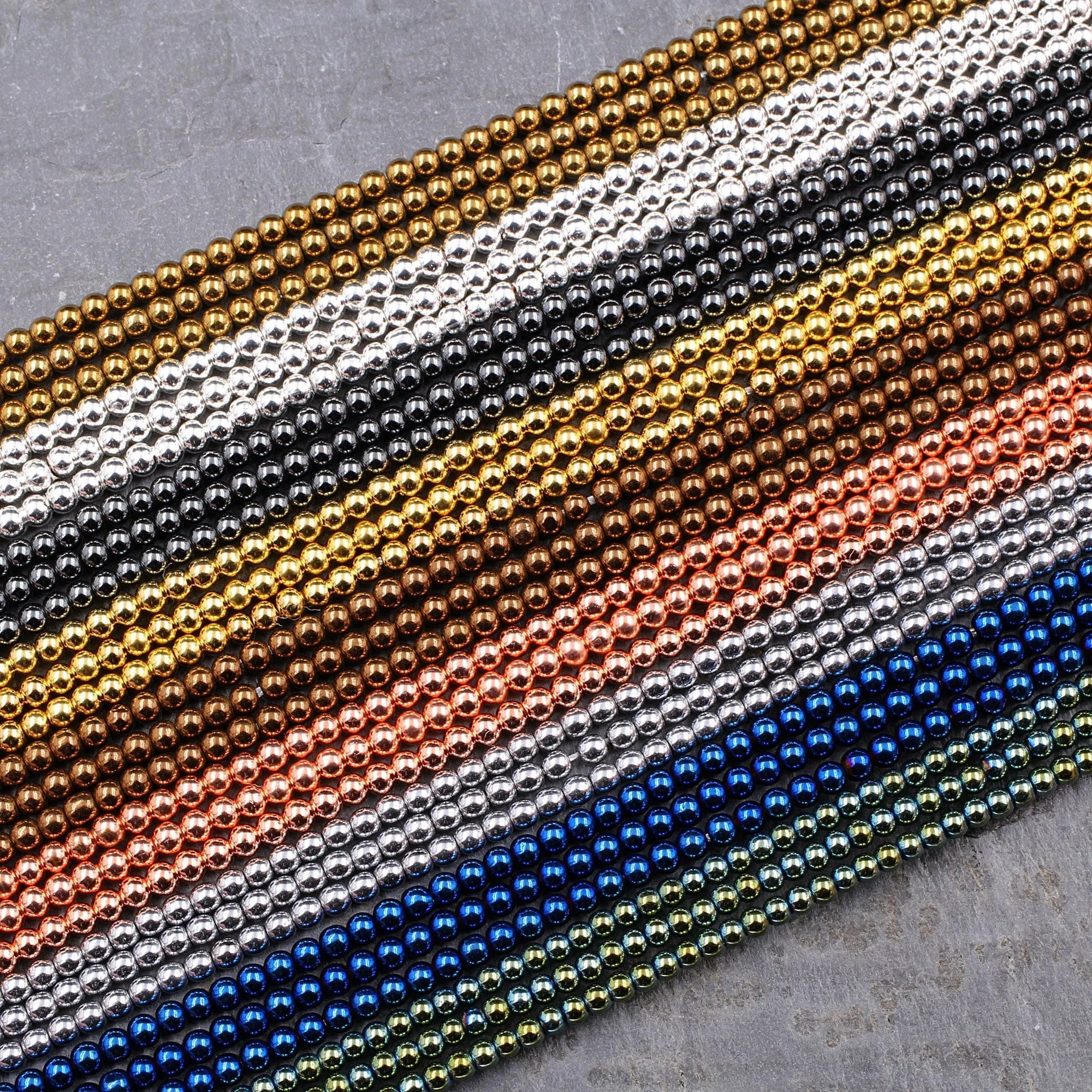 2mm Hematite Round Beads Metallic Titanium Shiny Silver Gold Blue Bronze Green Rose Gold Gunmetal Rhodium Black Beads 15.5" Strand