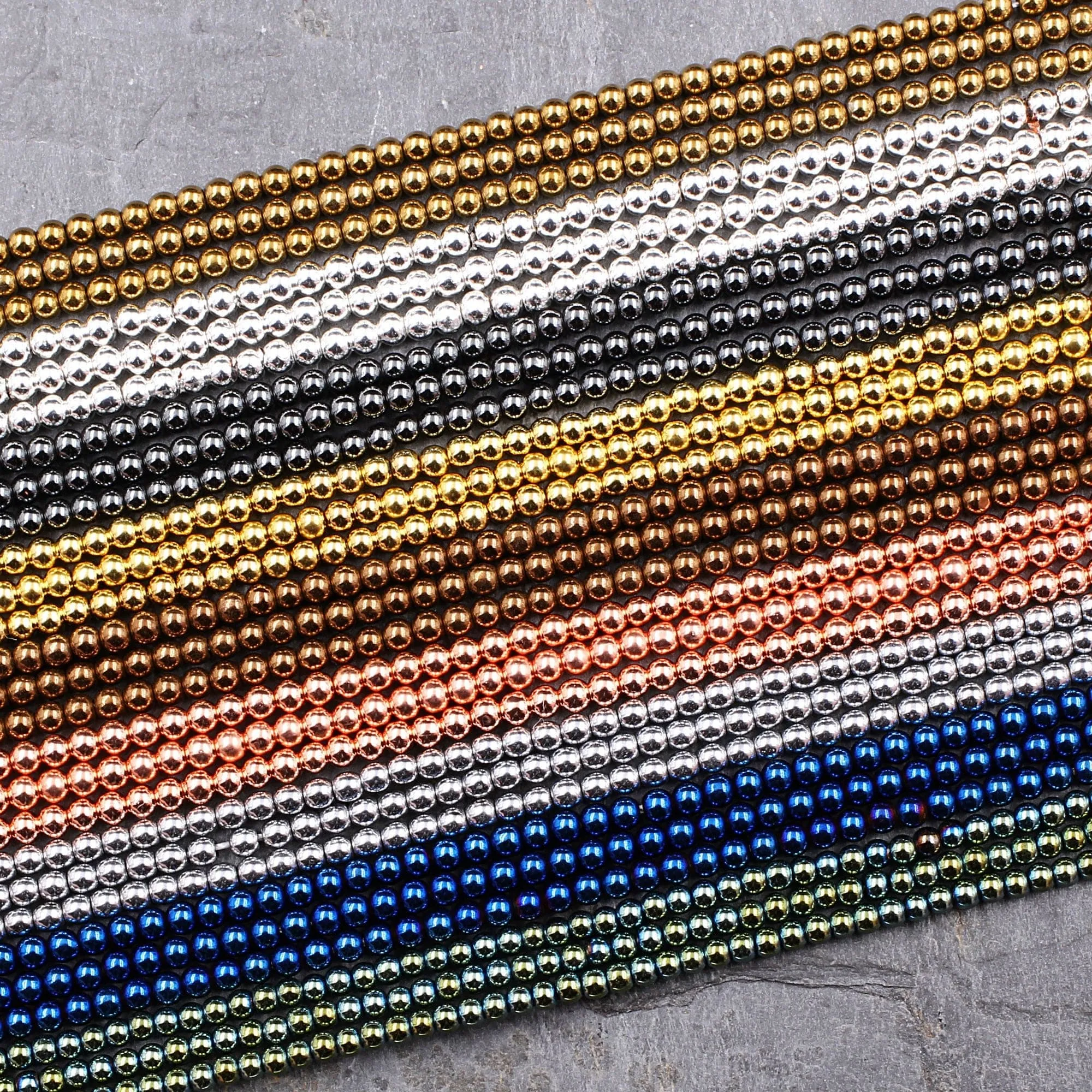 2mm Hematite Round Beads Metallic Titanium Shiny Silver Gold Blue Bronze Green Rose Gold Gunmetal Rhodium Black Beads 15.5" Strand