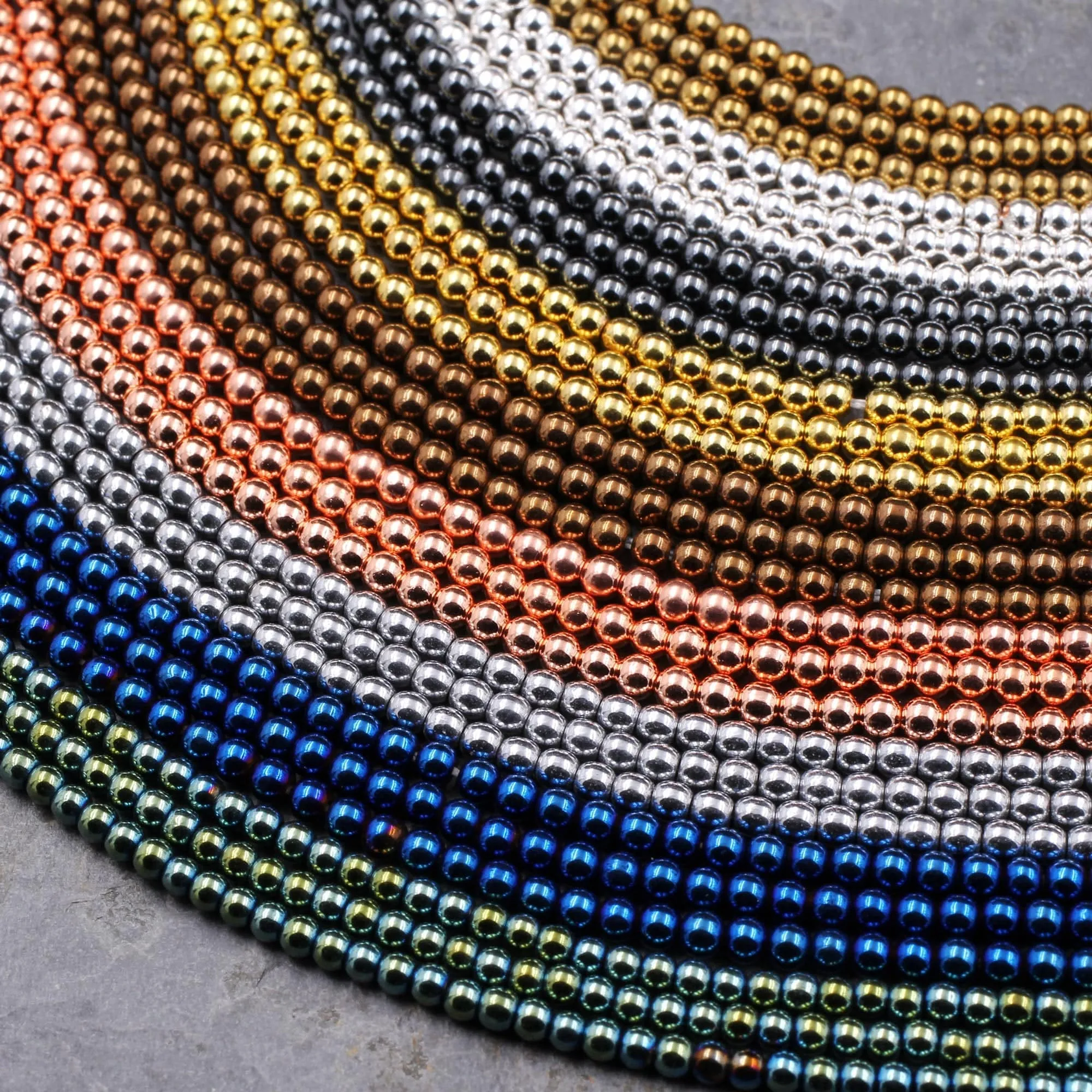 2mm Hematite Round Beads Metallic Titanium Shiny Silver Gold Blue Bronze Green Rose Gold Gunmetal Rhodium Black Beads 15.5" Strand