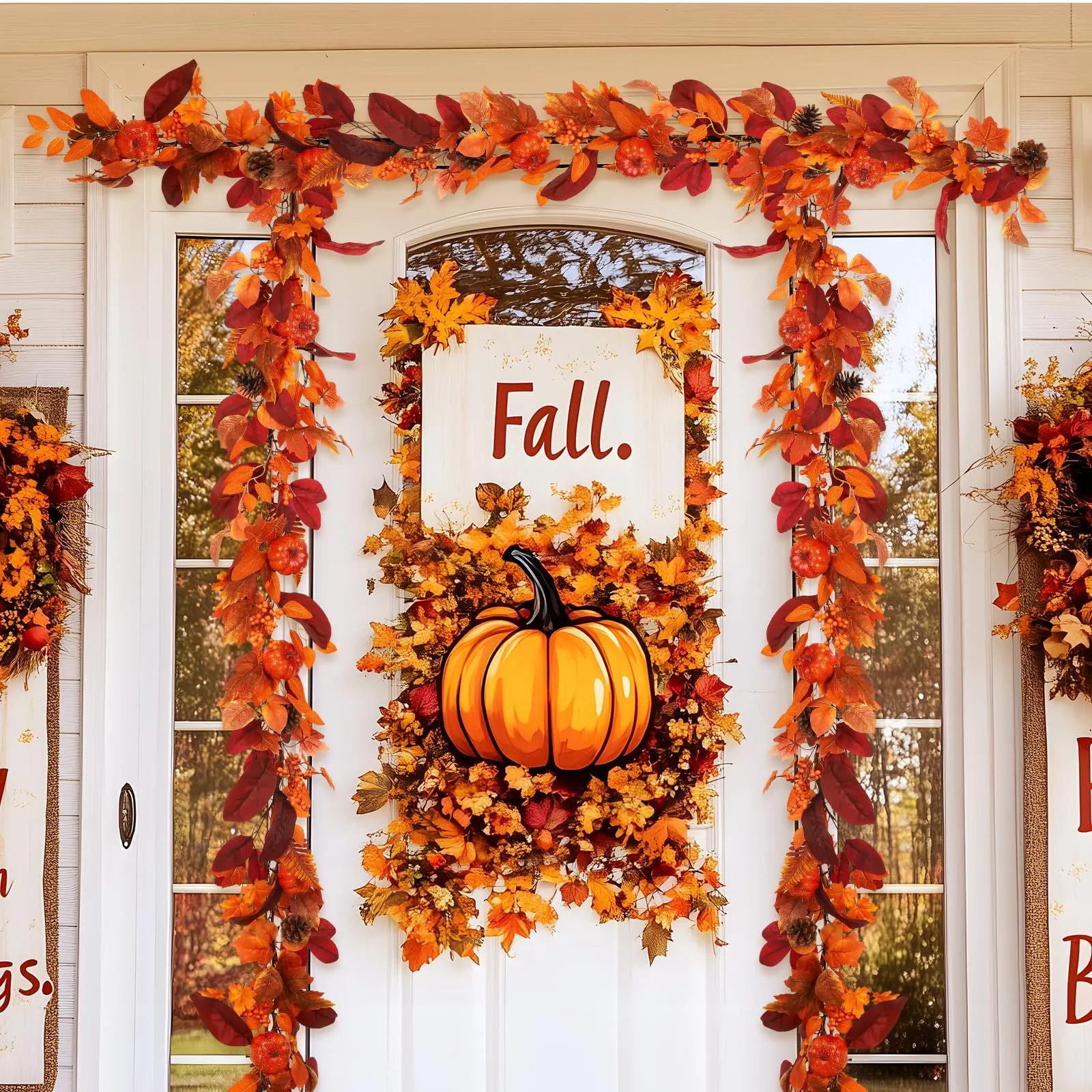6FT Prelit 30 Warm White & Orange LED Lights Autumn Pumpkin & Maple Leaves Garland