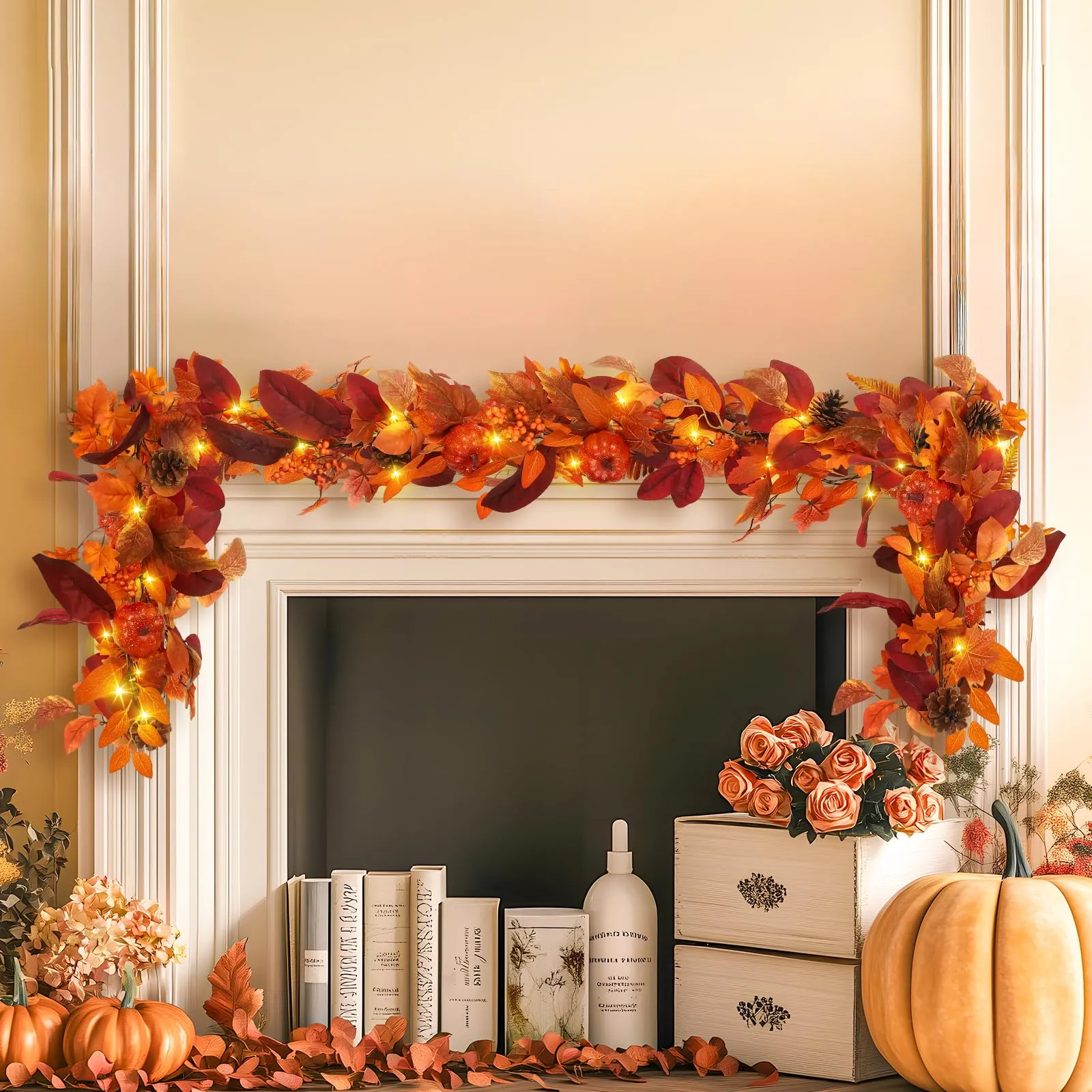 6FT Prelit 30 Warm White & Orange LED Lights Autumn Pumpkin & Maple Leaves Garland