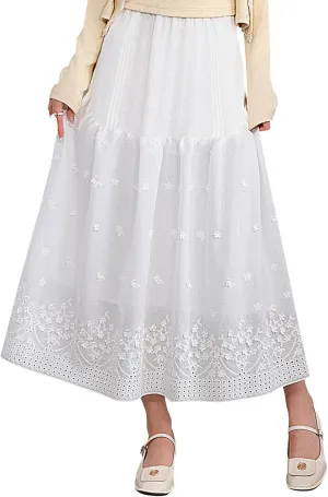 Babalet Women's Boho Cotton Skirts Embroidery Lace Eyelet Elastic Waist Flowy A-Line Beach Casual Summer Maxi Skirt