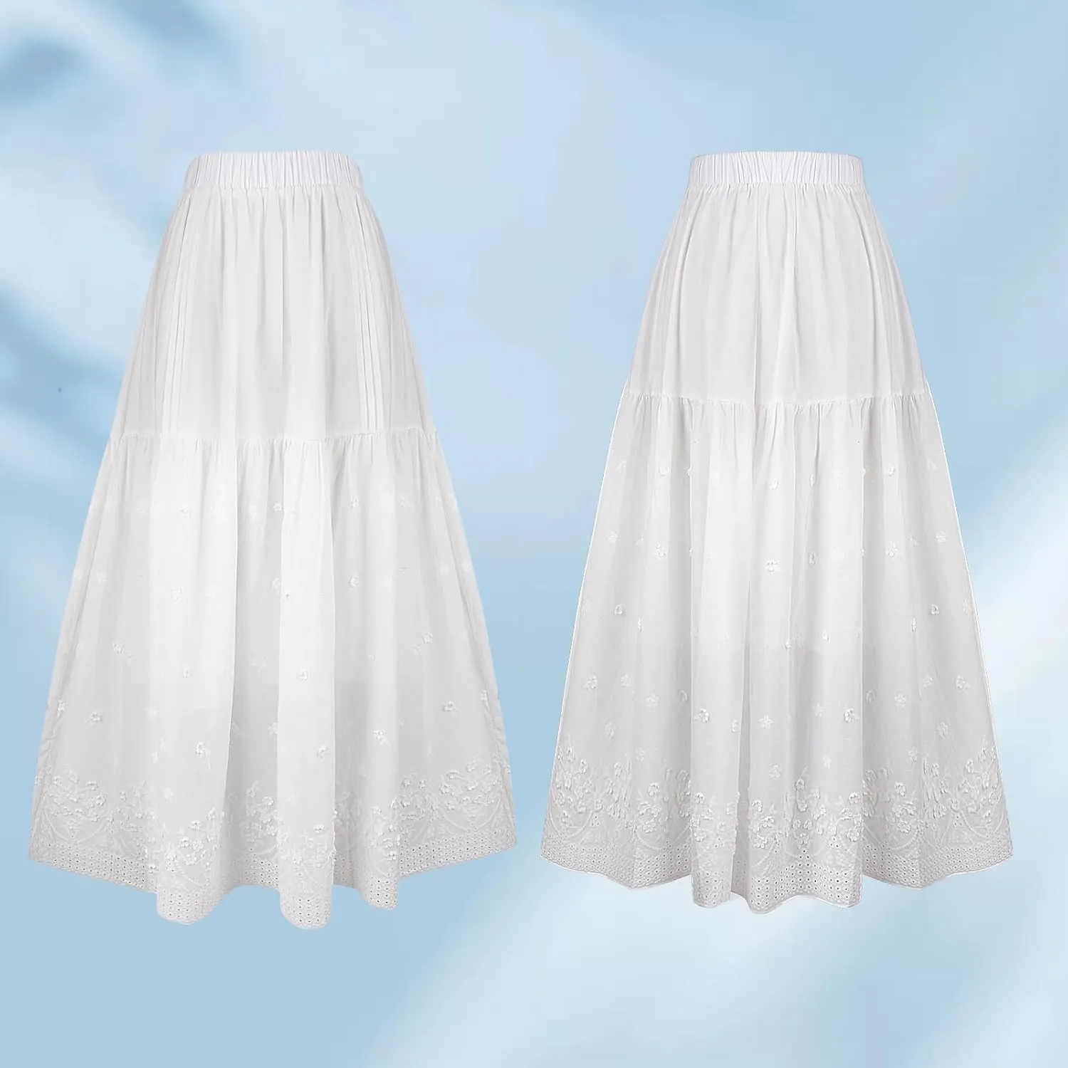 Babalet Women's Boho Cotton Skirts Embroidery Lace Eyelet Elastic Waist Flowy A-Line Beach Casual Summer Maxi Skirt