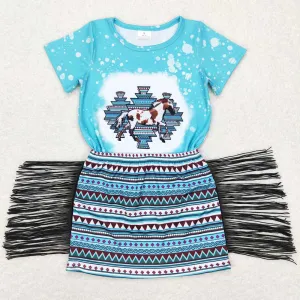 Baby Girls Clothes Toddler Western Horse Aztec Top Tassel Skirts Sets GSD0607