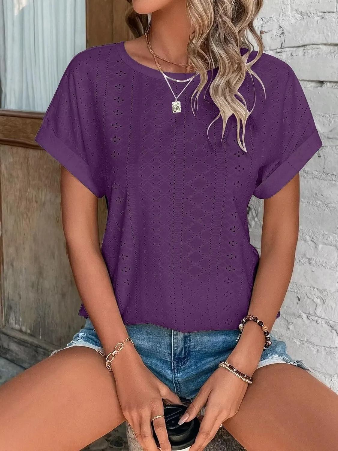 Bliwov Womens Tops Eyelet Embroidery Summer Spring Curved Hem Short Sleeve Trendy T Shirts Outfits Beach Vacation Clothes
