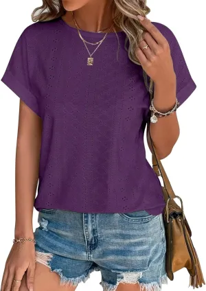 Bliwov Womens Tops Eyelet Embroidery Summer Spring Curved Hem Short Sleeve Trendy T Shirts Outfits Beach Vacation Clothes
