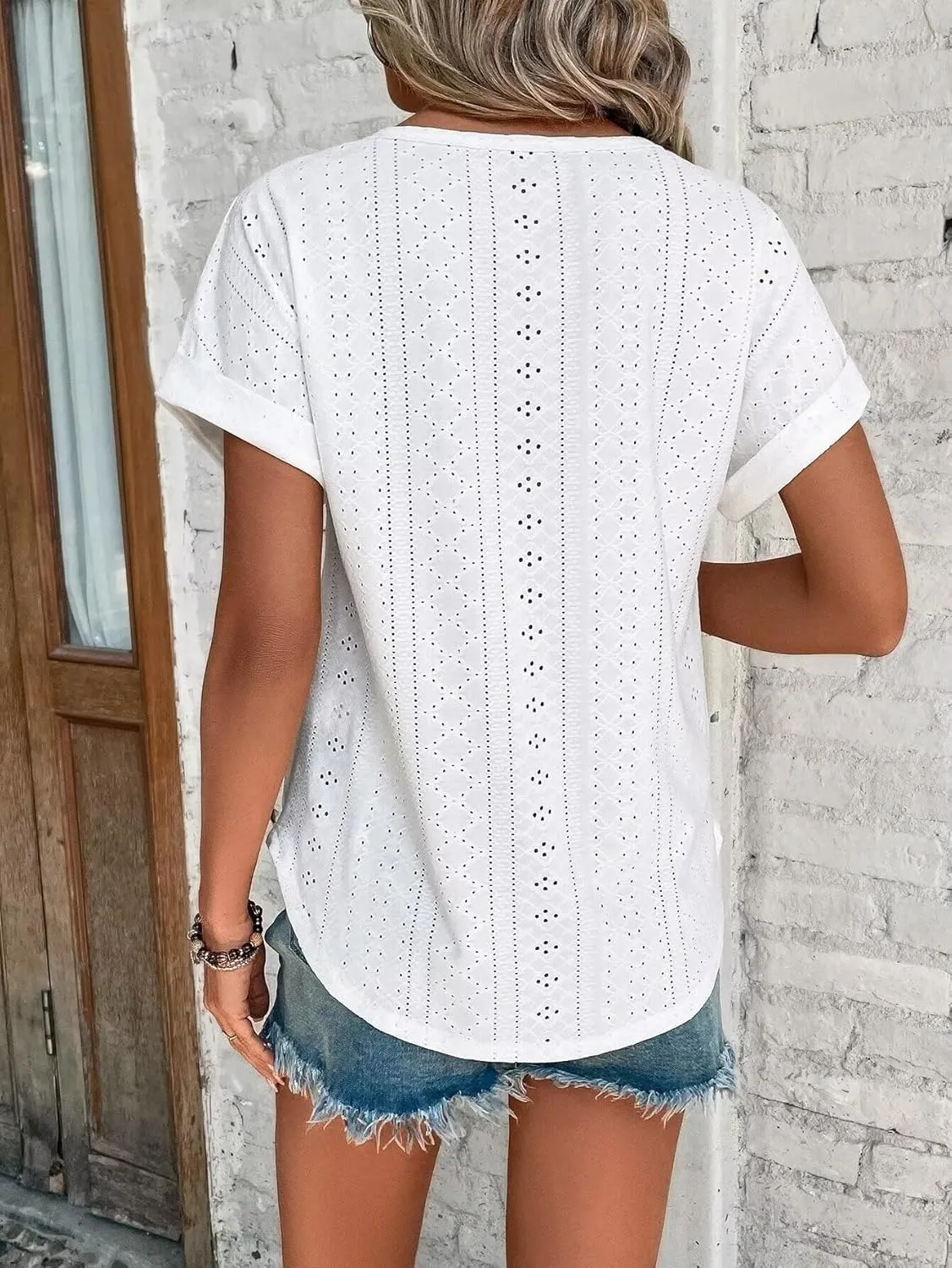 Bliwov Womens Tops Eyelet Embroidery Summer Spring Curved Hem Short Sleeve Trendy T Shirts Outfits Beach Vacation Clothes