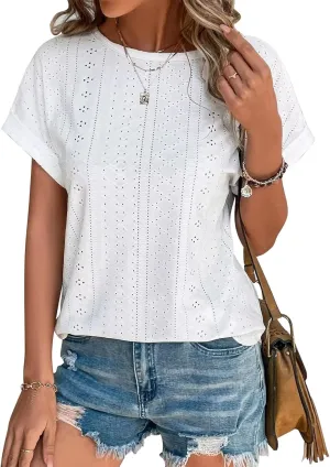 Bliwov Womens Tops Eyelet Embroidery Summer Spring Curved Hem Short Sleeve Trendy T Shirts Outfits Beach Vacation Clothes