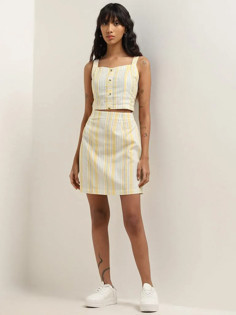 Bombay Paisley Yellow Striped High Rise Blended Linen Skirt