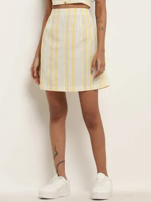 Bombay Paisley Yellow Striped High Rise Blended Linen Skirt