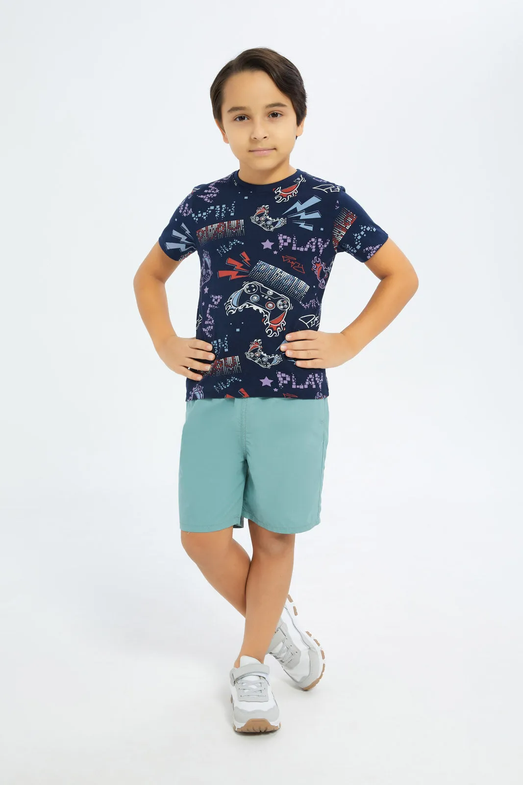Boys Mint And Beige Balloon Pull-On Shorts Set (Pack Of 2)