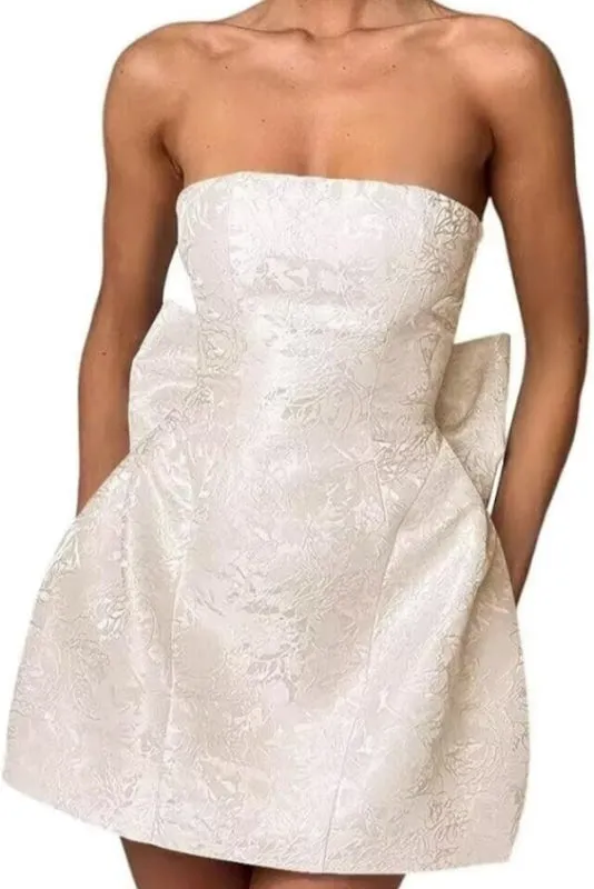 Charming Sleeveless Ruched Satin Floral Jacquard Mini Homecoming Dress with Bow
