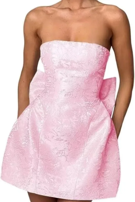 Charming Sleeveless Ruched Satin Floral Jacquard Mini Homecoming Dress with Bow