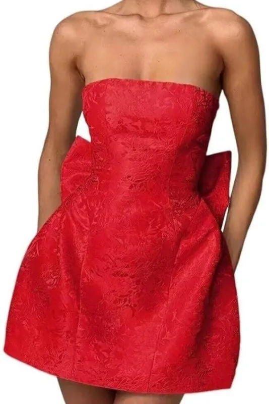 Charming Sleeveless Ruched Satin Floral Jacquard Mini Homecoming Dress with Bow