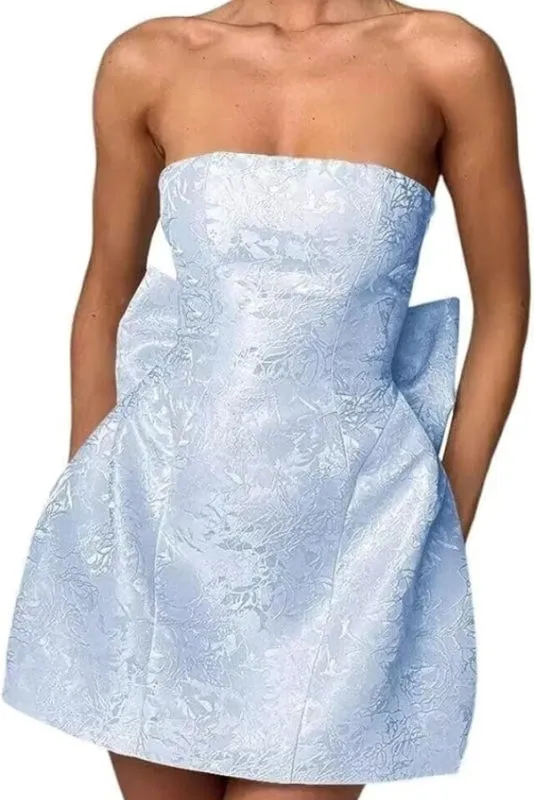 Charming Sleeveless Ruched Satin Floral Jacquard Mini Homecoming Dress with Bow
