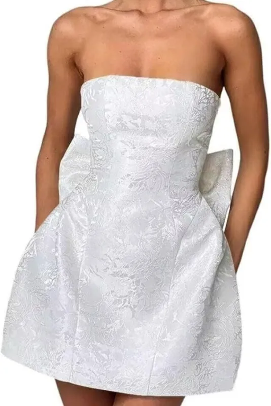 Charming Sleeveless Ruched Satin Floral Jacquard Mini Homecoming Dress with Bow