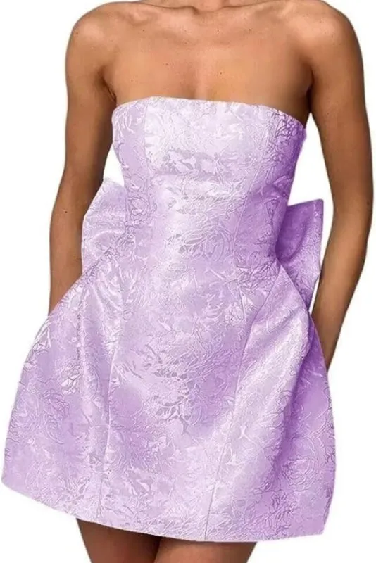 Charming Sleeveless Ruched Satin Floral Jacquard Mini Homecoming Dress with Bow