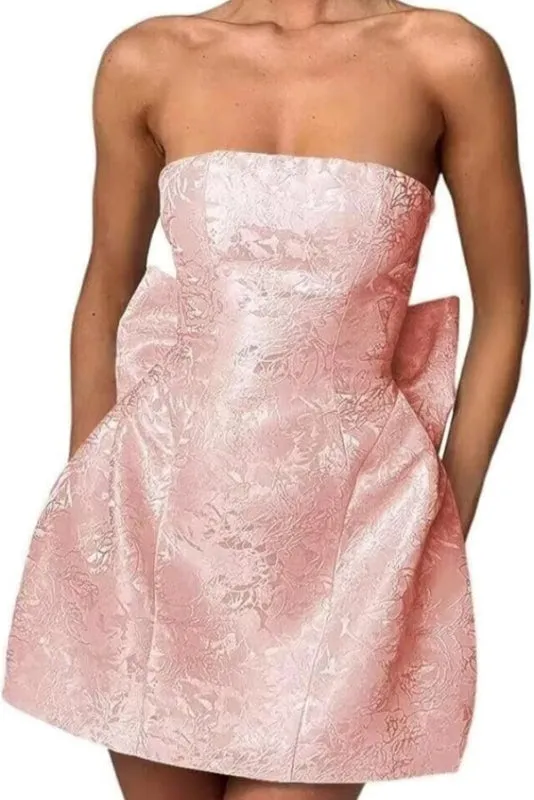 Charming Sleeveless Ruched Satin Floral Jacquard Mini Homecoming Dress with Bow