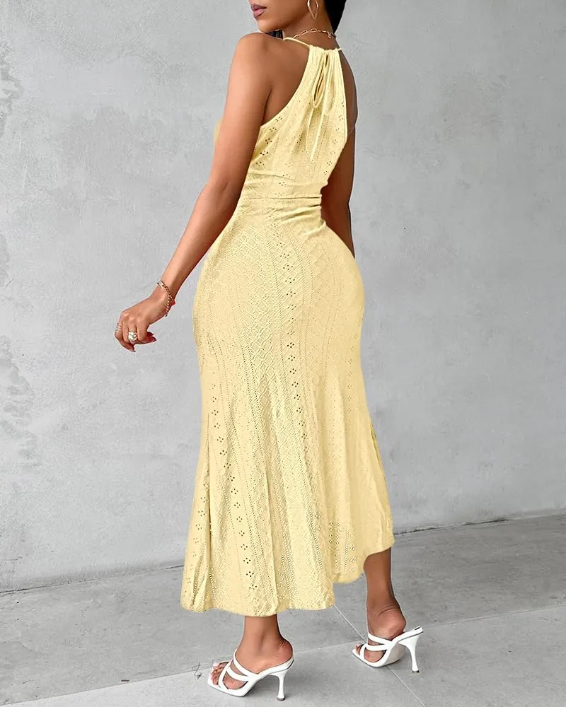 CHICME Womens Summer Halter Dress Hollow Out A Line Vacation Dresses with Eyelet Embroidery & Side Slit