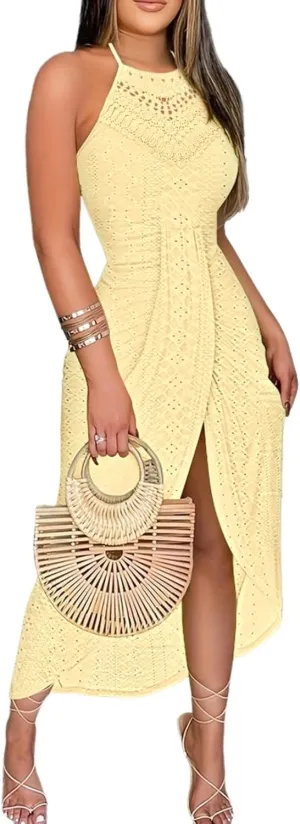 CHICME Womens Summer Halter Dress Hollow Out A Line Vacation Dresses with Eyelet Embroidery & Side Slit