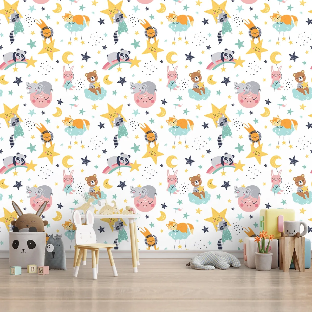 Cute Panda, Lion and Jungle Animals Nursery Room Wallpaper