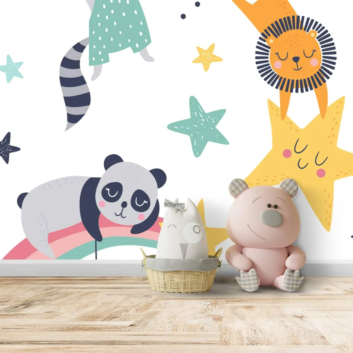 Cute Panda, Lion and Jungle Animals Nursery Room Wallpaper
