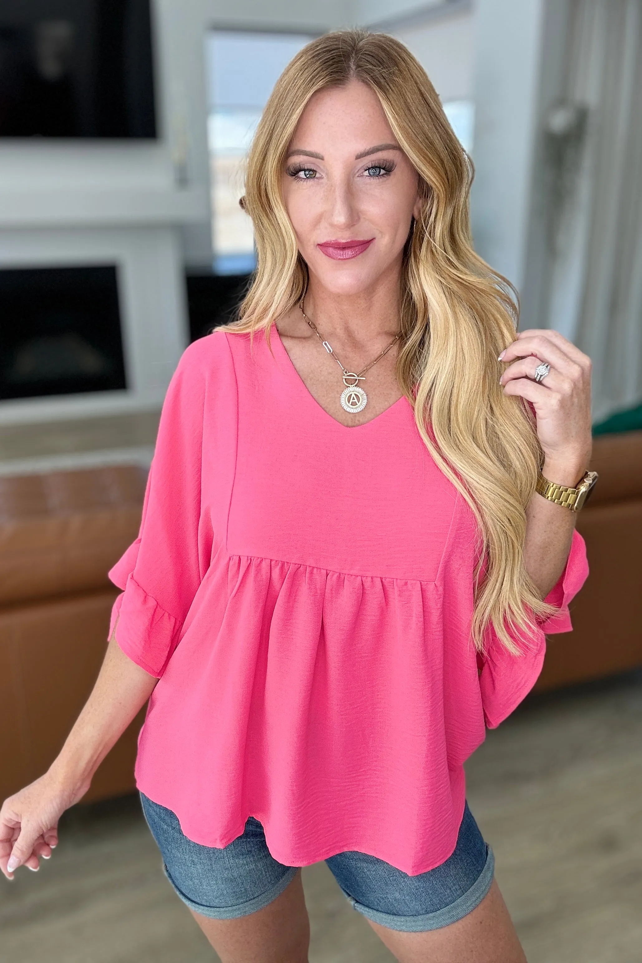 Explore More Collection - Airflow Peplum Ruffle Sleeve Top in Hot Pink