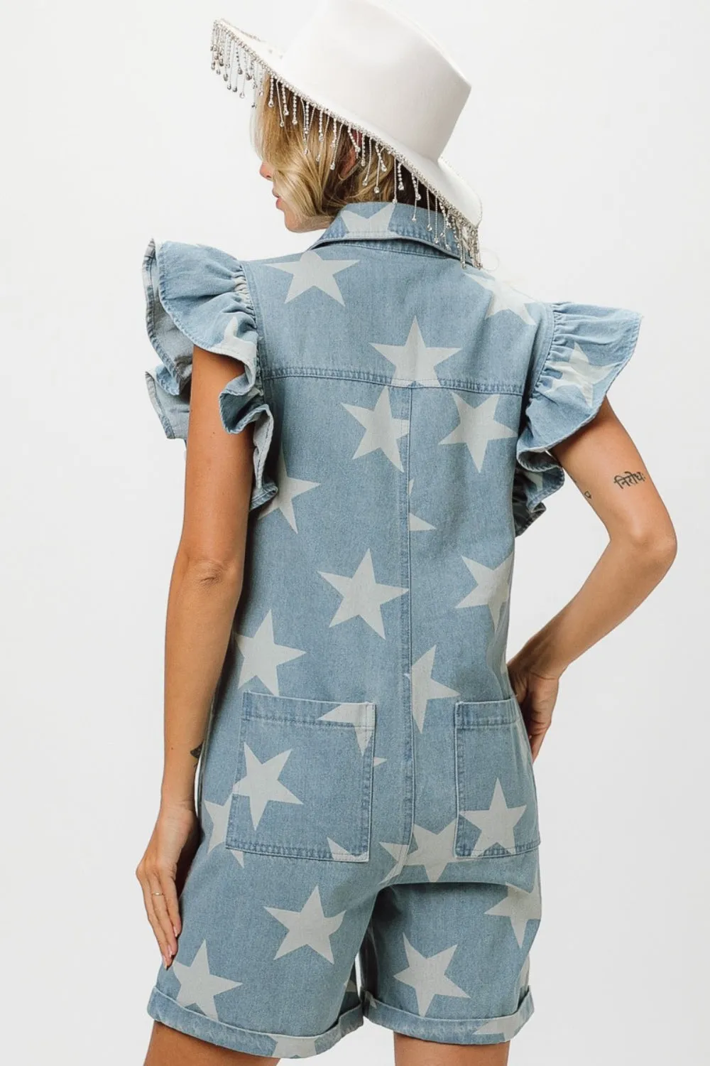 Explore More Collection - BiBi Ruffled Star Half Zip Denim Romper