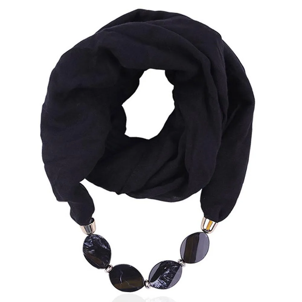 Fashionable Soft Solid Color Scarf With Jewelry Pendant
