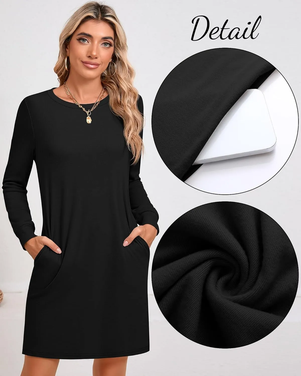 Ficerd Women's Long Sleeve Dresses, Fall Casual Crew Neck Mini Dress Knit Loose Cozy Dress Above Knee Comfy with Pockets
