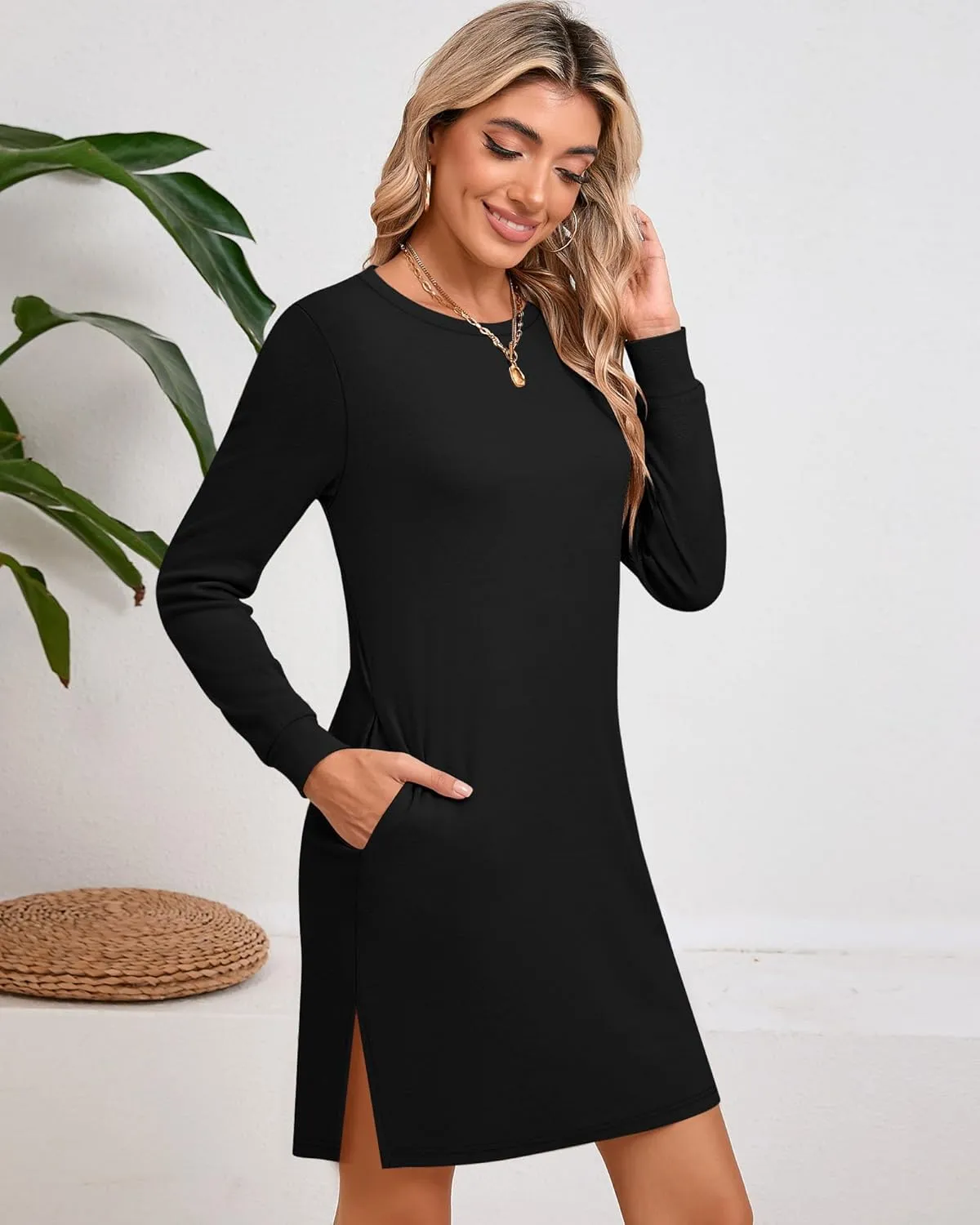 Ficerd Women's Long Sleeve Dresses, Fall Casual Crew Neck Mini Dress Knit Loose Cozy Dress Above Knee Comfy with Pockets