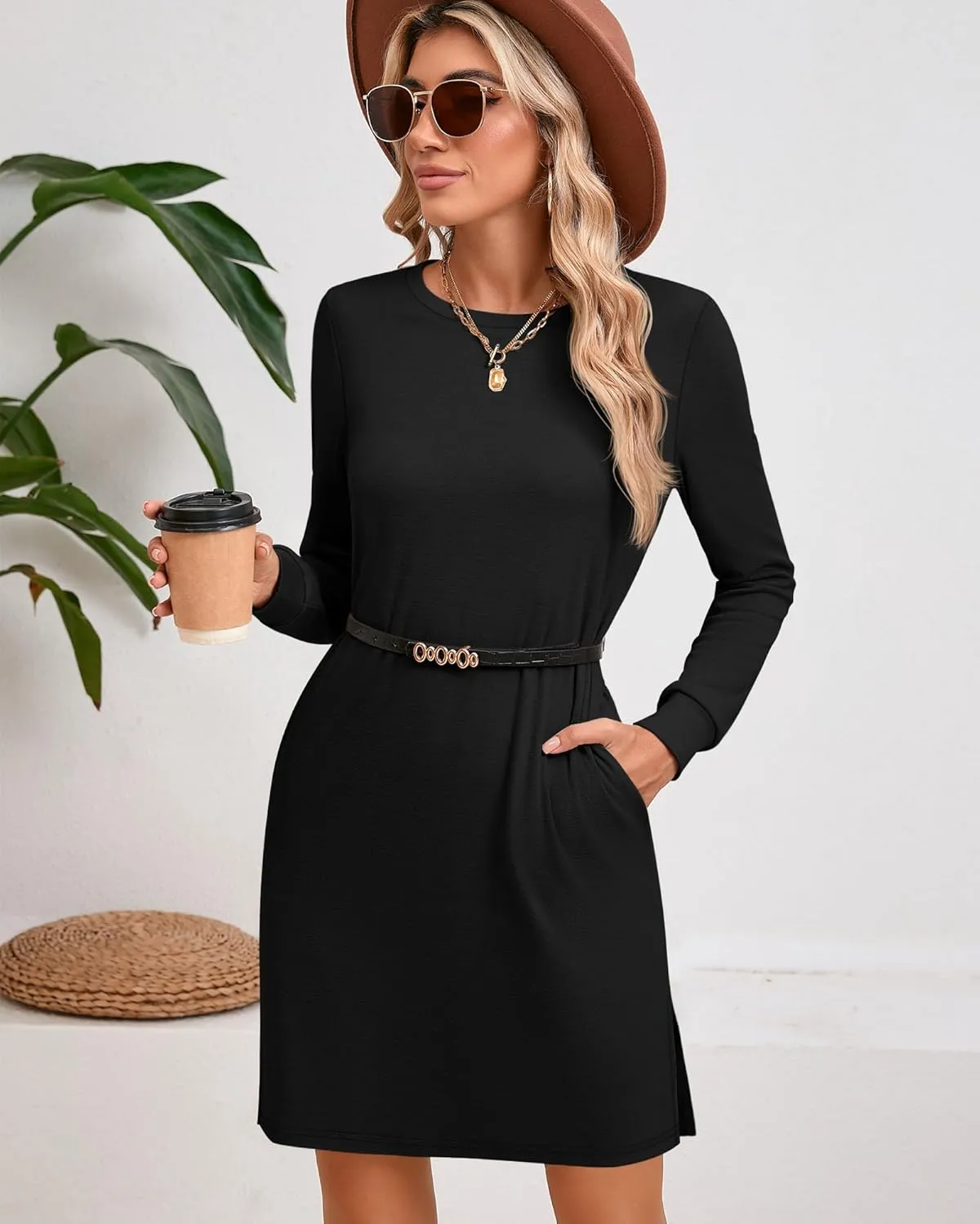 Ficerd Women's Long Sleeve Dresses, Fall Casual Crew Neck Mini Dress Knit Loose Cozy Dress Above Knee Comfy with Pockets