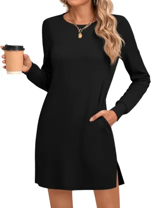 Ficerd Women's Long Sleeve Dresses, Fall Casual Crew Neck Mini Dress Knit Loose Cozy Dress Above Knee Comfy with Pockets