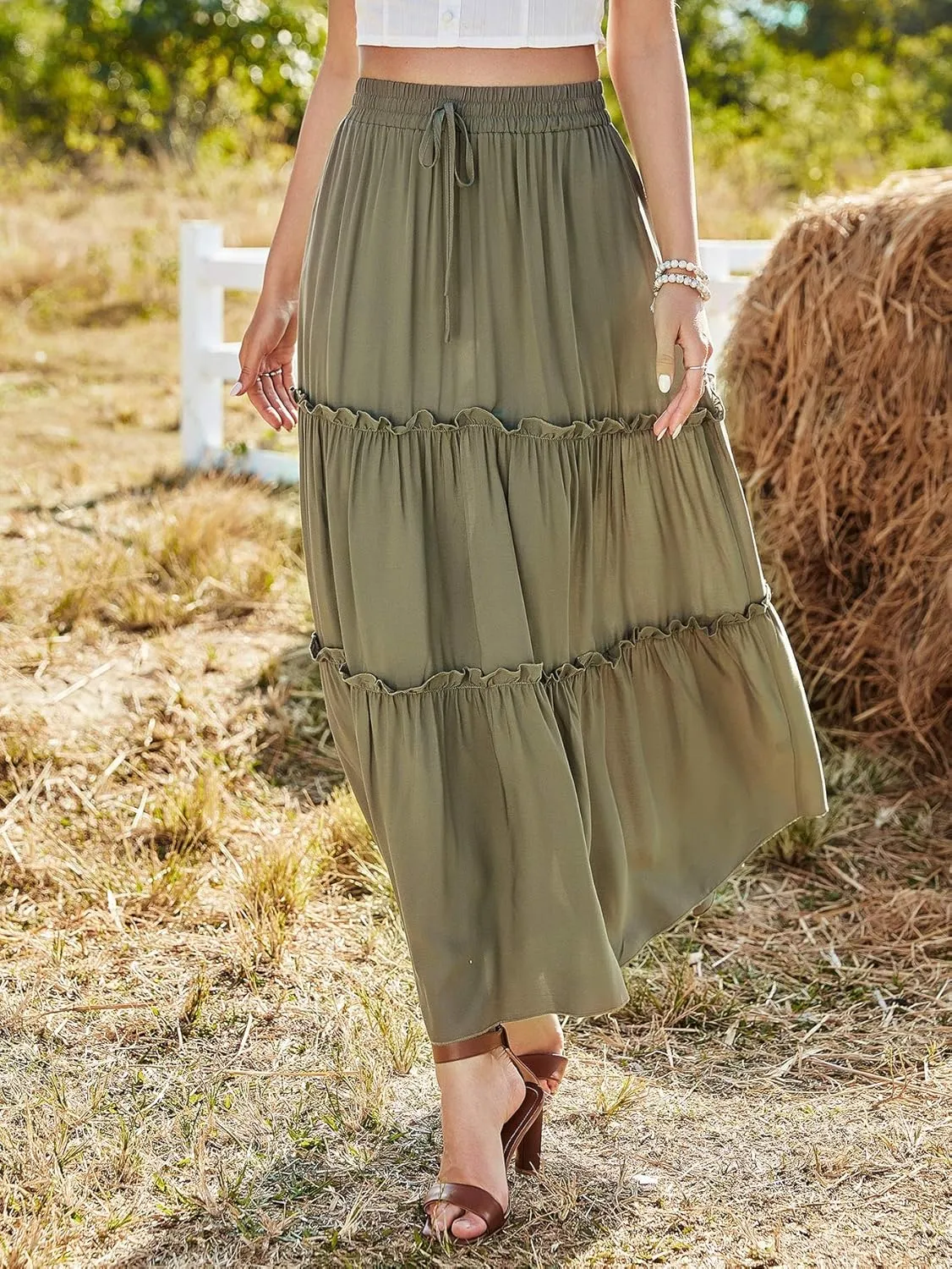 Floerns Women's A Line Ruffle Layered Flowy Beach Casual Long Maxi Skirt