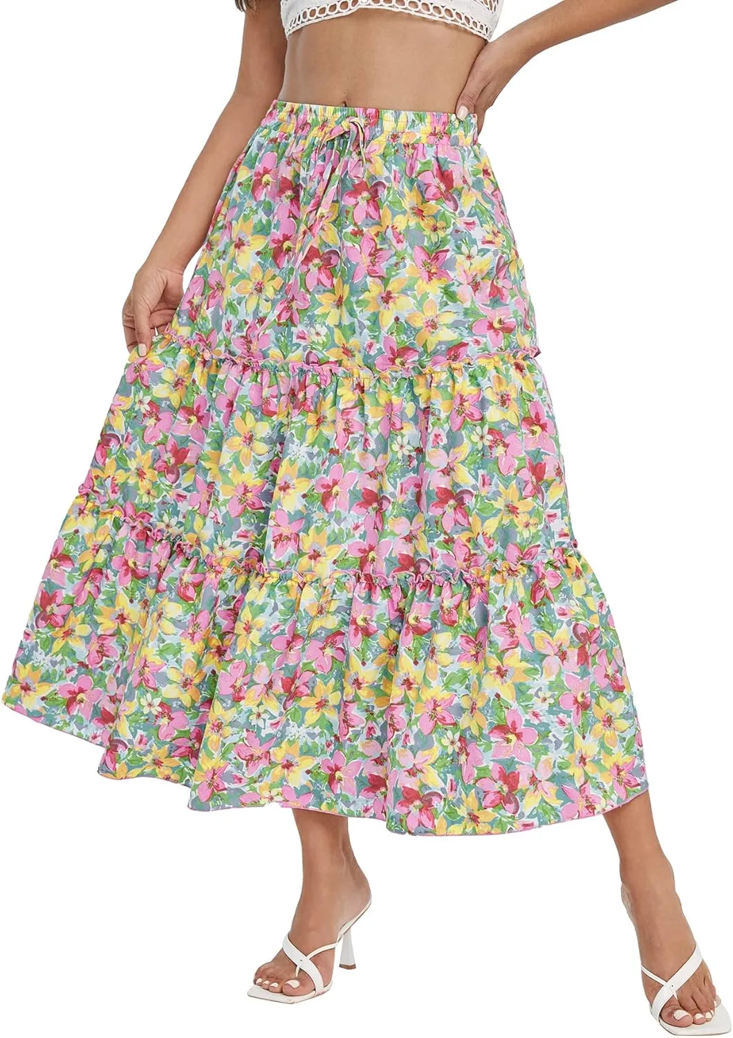 Floerns Women's A Line Ruffle Layered Flowy Beach Casual Long Maxi Skirt
