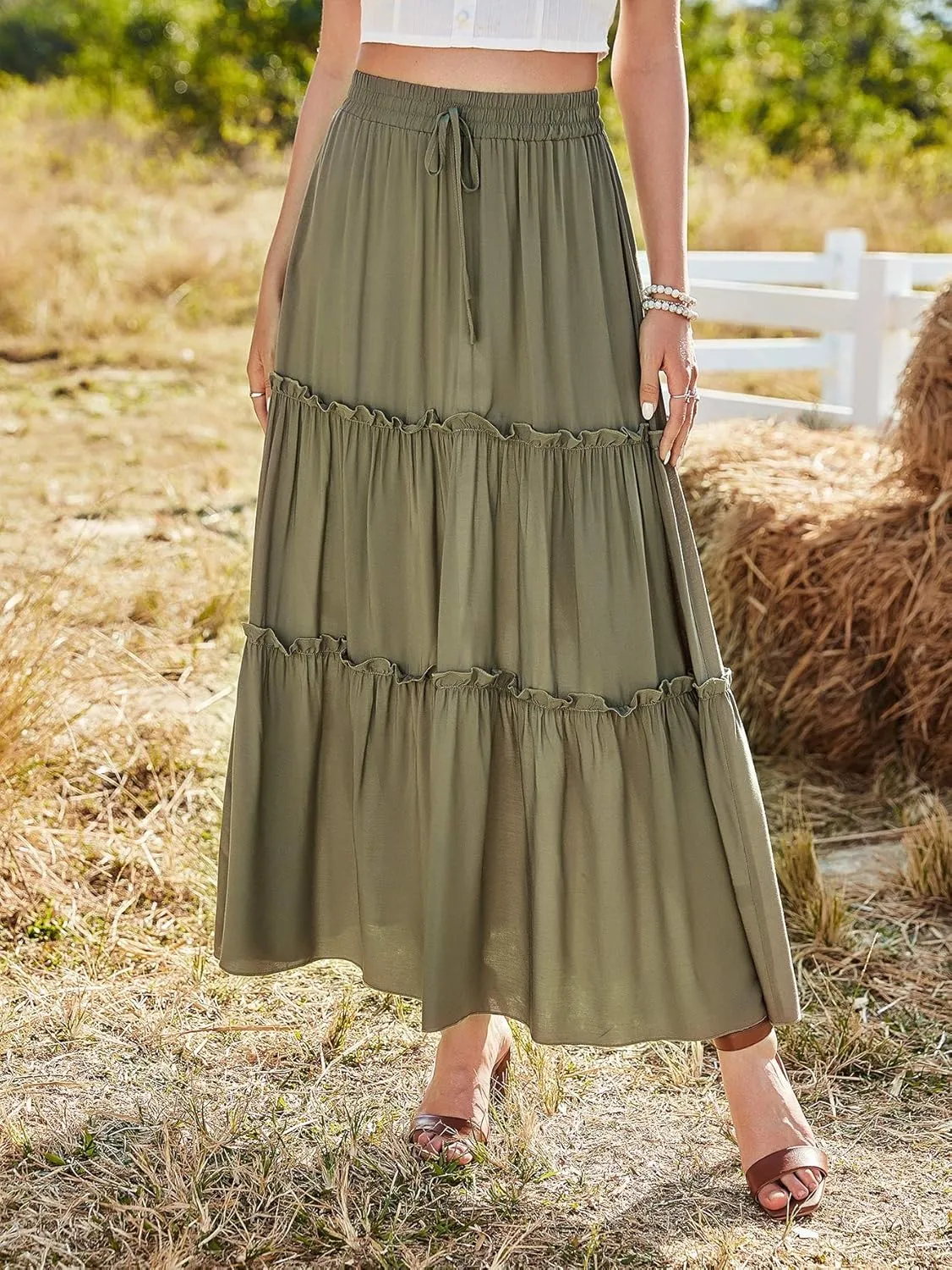 Floerns Women's A Line Ruffle Layered Flowy Beach Casual Long Maxi Skirt