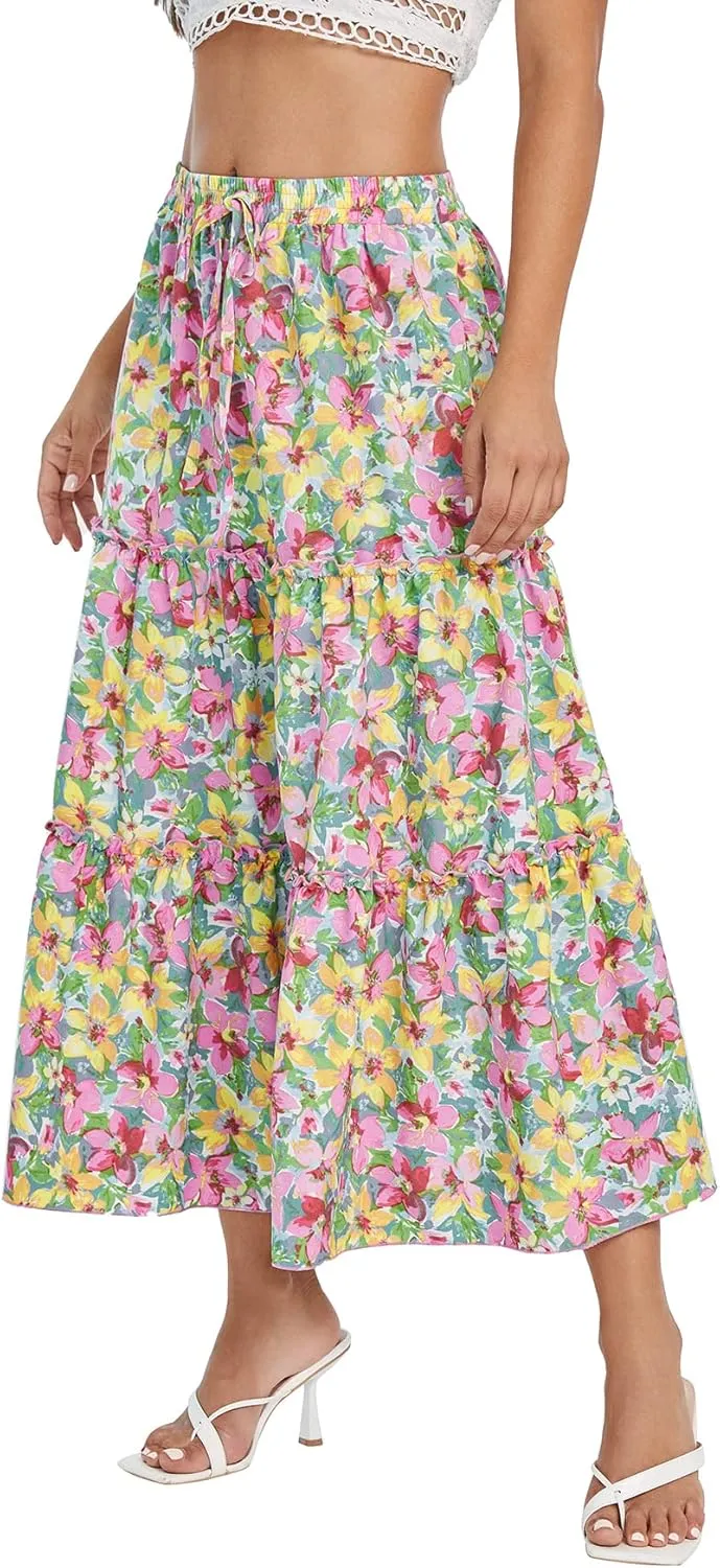 Floerns Women's A Line Ruffle Layered Flowy Beach Casual Long Maxi Skirt
