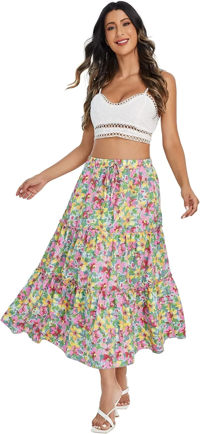 Floerns Women's A Line Ruffle Layered Flowy Beach Casual Long Maxi Skirt