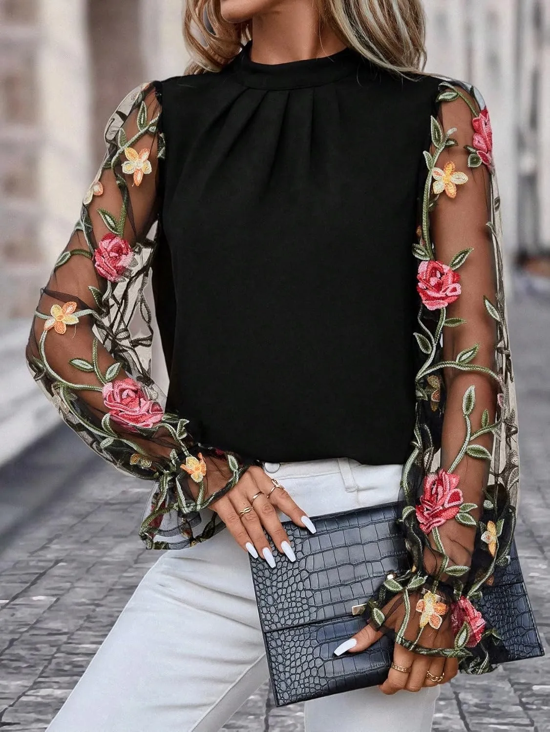 Floerns Women's Floral Embroidery Mesh Mock Neck Flare Long Sleeve Blouse Top