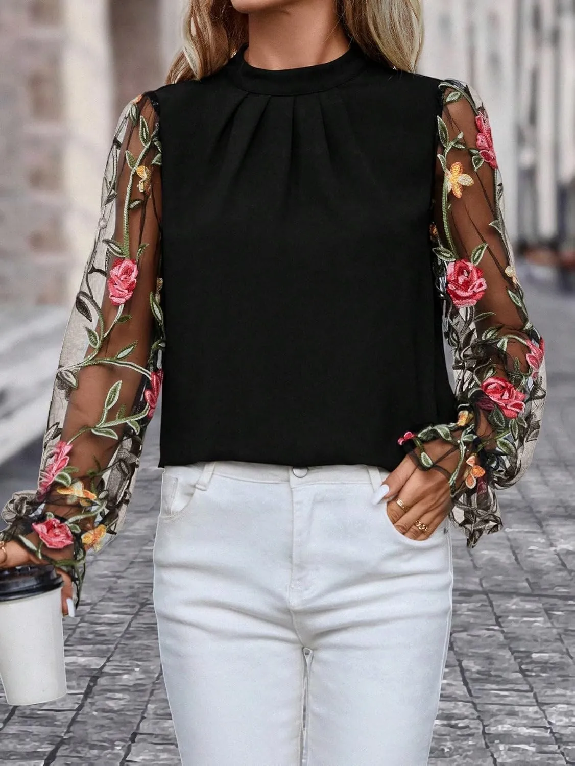 Floerns Women's Floral Embroidery Mesh Mock Neck Flare Long Sleeve Blouse Top