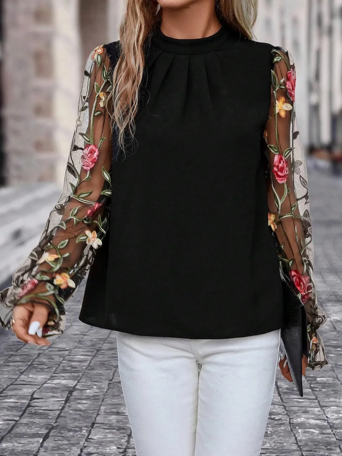 Floerns Women's Floral Embroidery Mesh Mock Neck Flare Long Sleeve Blouse Top
