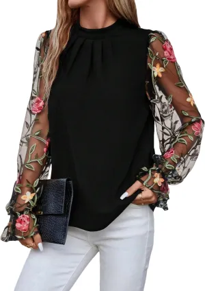 Floerns Women's Floral Embroidery Mesh Mock Neck Flare Long Sleeve Blouse Top