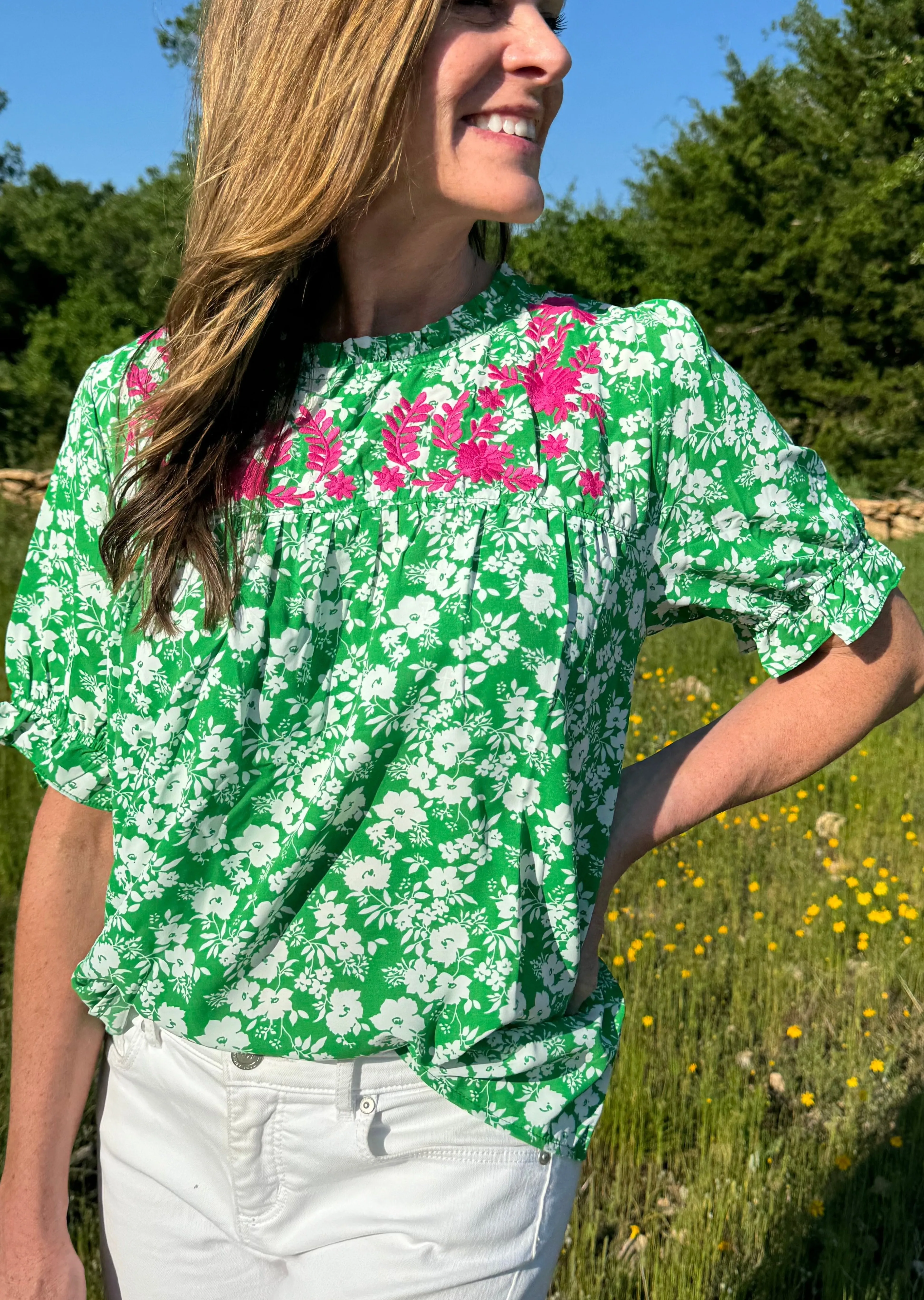 Floral Embroidery Ruffle Neck Top in Green ~FINAL SALE