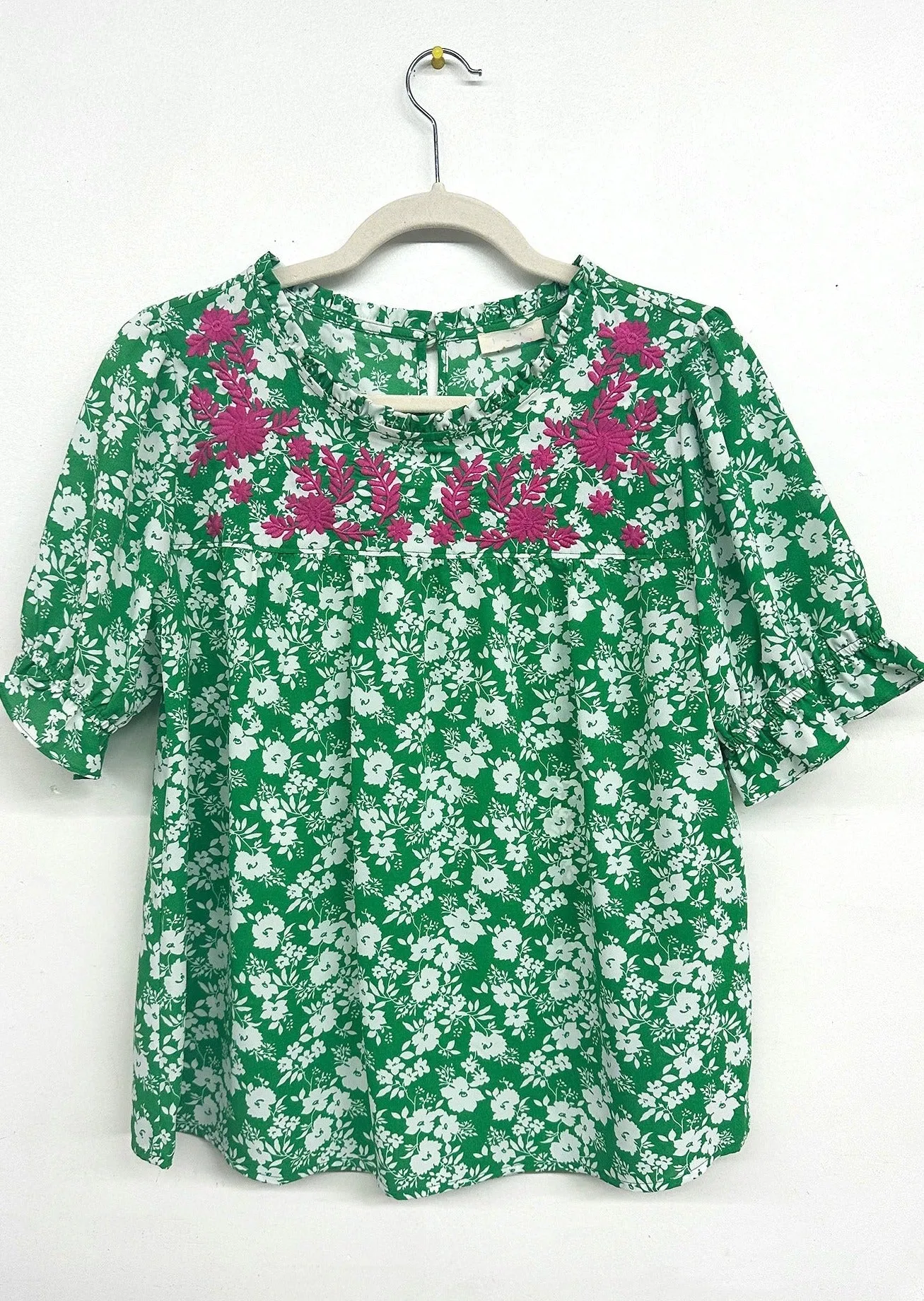 Floral Embroidery Ruffle Neck Top in Green ~FINAL SALE