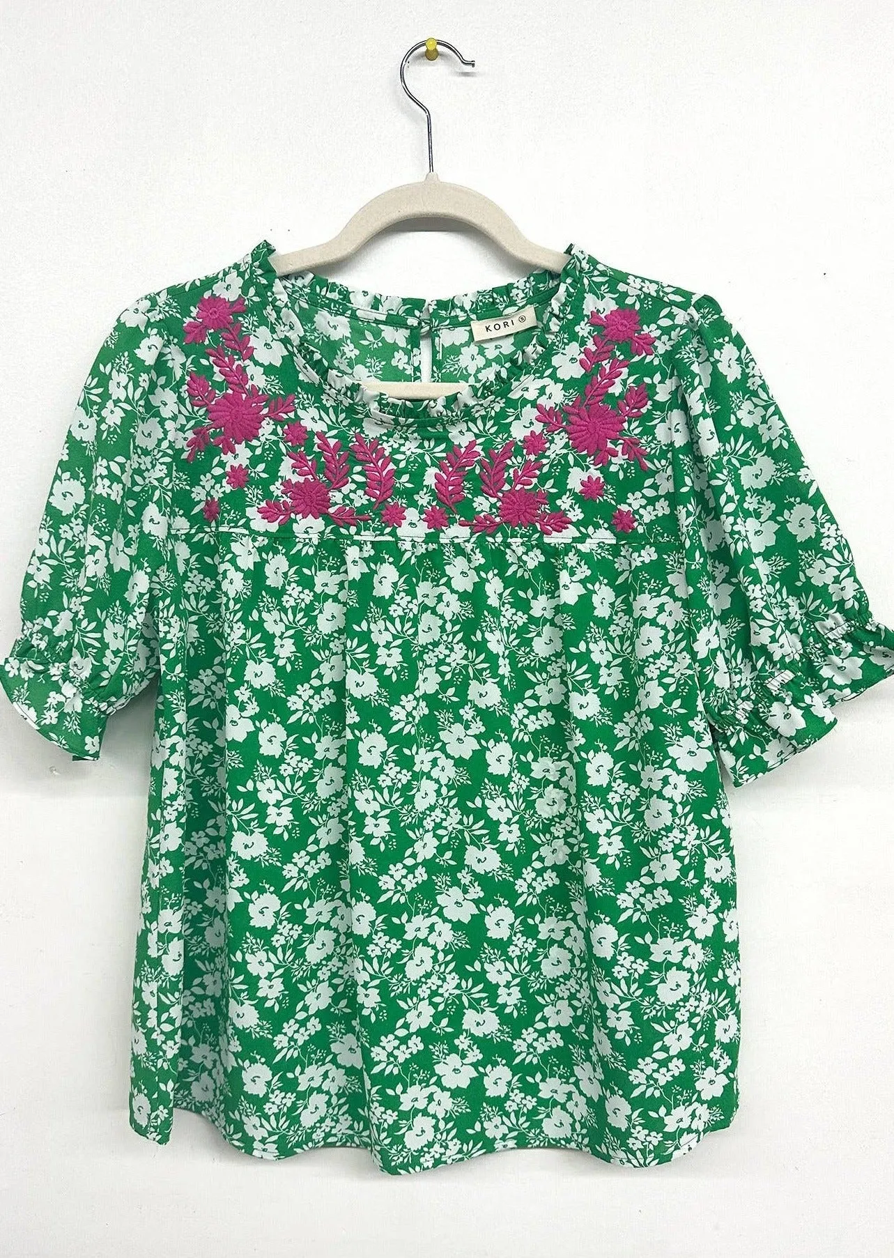 Floral Embroidery Ruffle Neck Top in Green ~FINAL SALE