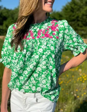 Floral Embroidery Ruffle Neck Top in Green ~FINAL SALE