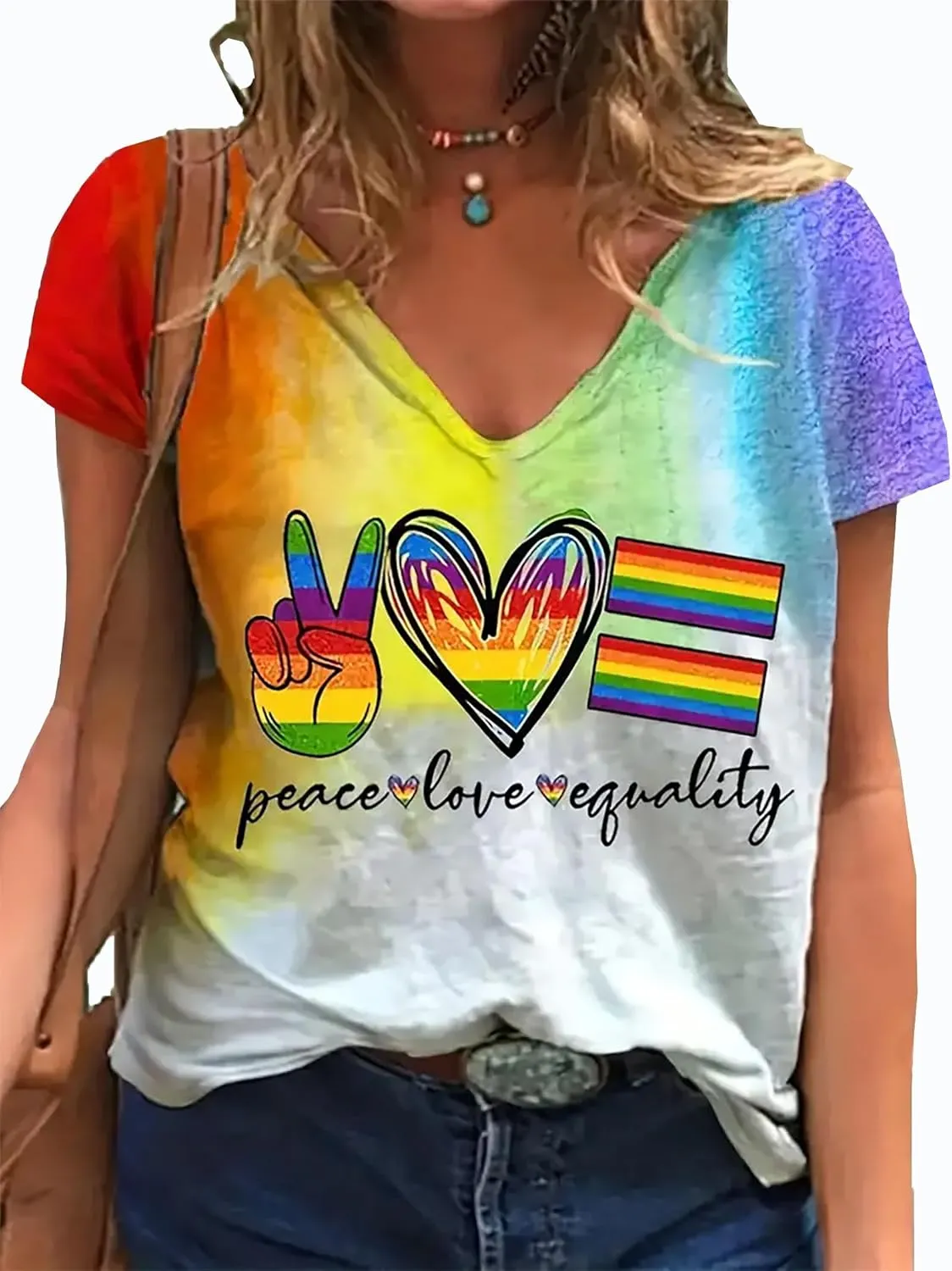 Gay Pride Shirts Women LGBT Lesbian Rainbow Tshirt Gay Proud Inspirational Tees Love Heart Print LGBTQ Equality V Neck Tops