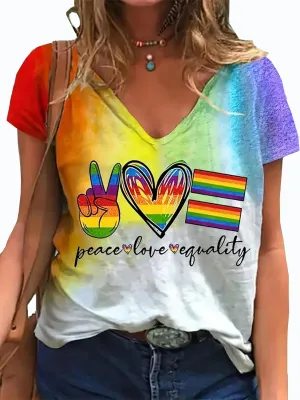 Gay Pride Shirts Women LGBT Lesbian Rainbow Tshirt Gay Proud Inspirational Tees Love Heart Print LGBTQ Equality V Neck Tops