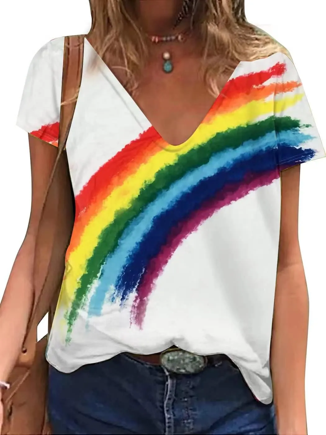 Gay Pride Shirts Women LGBT Lesbian Rainbow Tshirt Gay Proud Inspirational Tees Love Heart Print LGBTQ Equality V Neck Tops